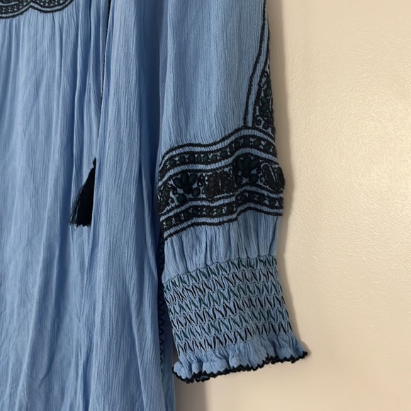 Free People Boho Dress Wind Willow LARGE Blue Stitched Embroidery Long Sleeve - Picture 4 of 11